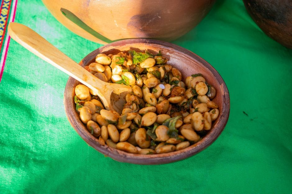 Clay bowl filled with Andean fava bean salad on vibrant green tablecloth in Arequipa, Peru.