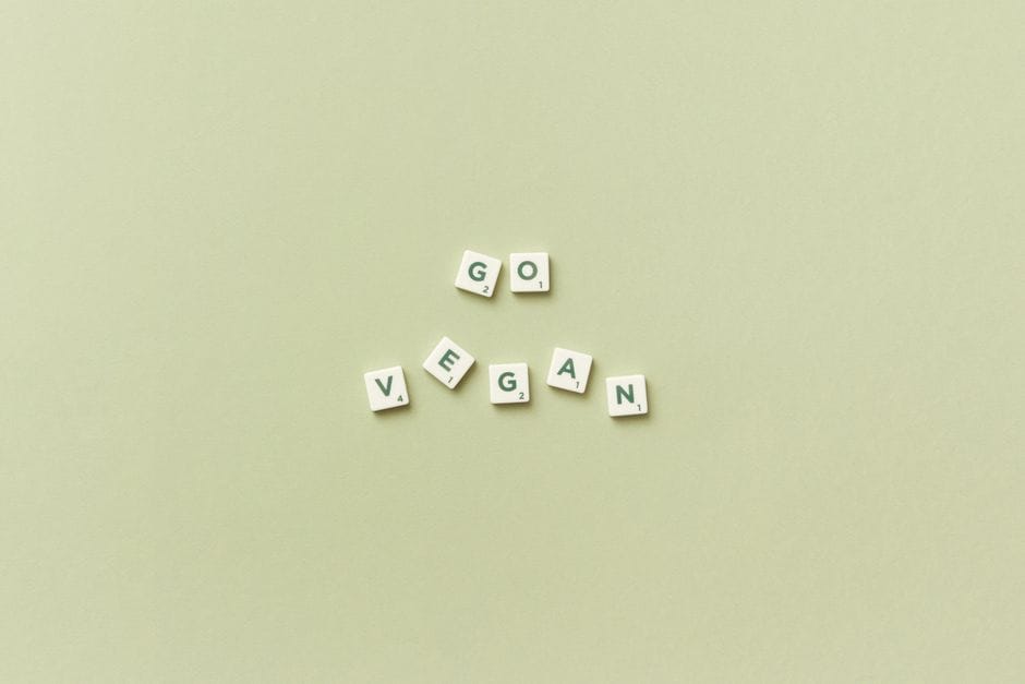 A minimalistic image with 'Go Vegan' spelled using Scrabble tiles on a green background.