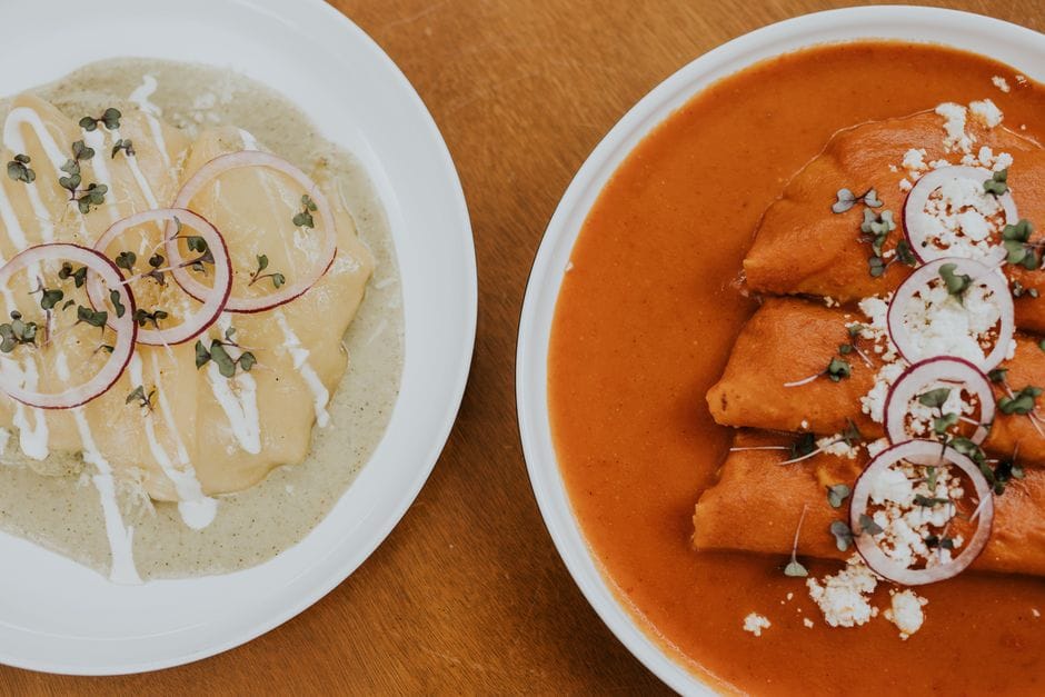 Vegan Enchiladas (Bean and Veggie Filling, Red Sauce, Vegan Cheese)